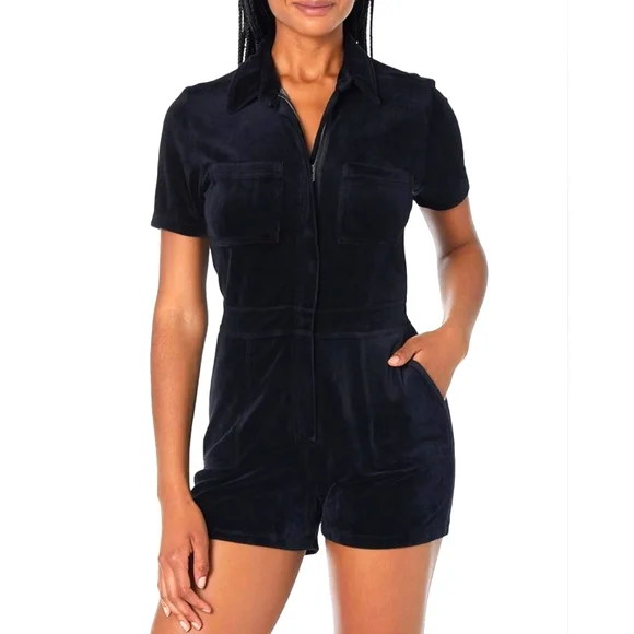MONROW Velour short collard Romper in black size XS - Picture 1 of 14